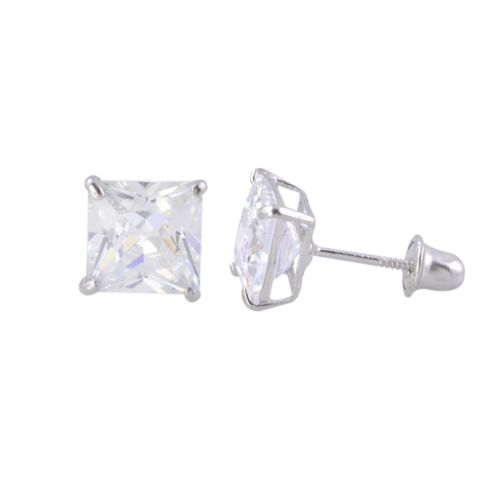 Square 14k White Gold Earrings Clear Princess Cut CZ Studs Screw back Basket Set