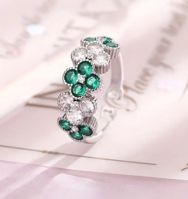 Women Synthetic Zircon Green Clover Open Ring Four-leaf Lucky Shamrock Size 6