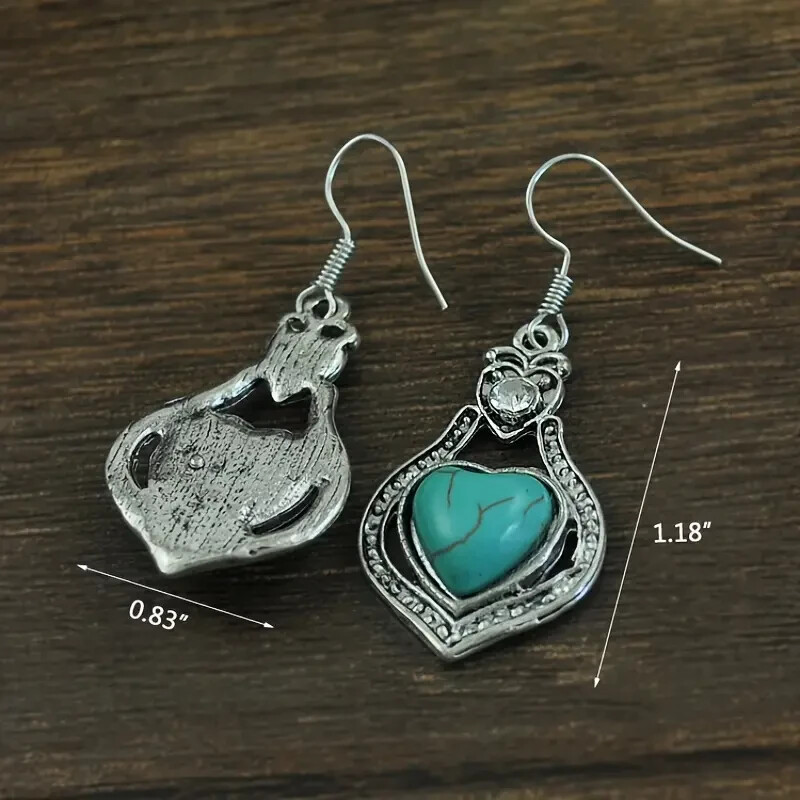 NEW ANTIQUE SILVER HEART SHAPED TURQUOISE & CZ DANGLE FASHION EARRINGS