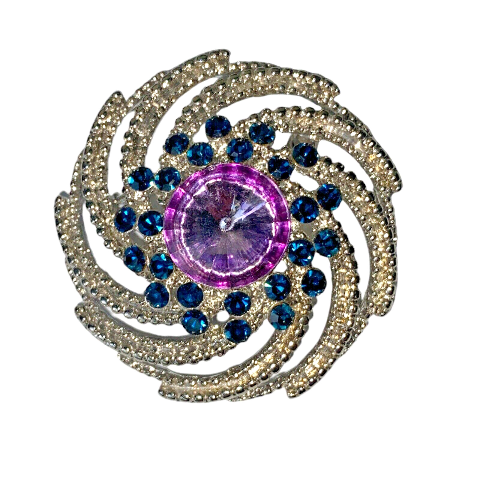 Vintage Faux Amethyst Purple Rhinestones Silver-Tone Large Brooch 2 1/8 in Round