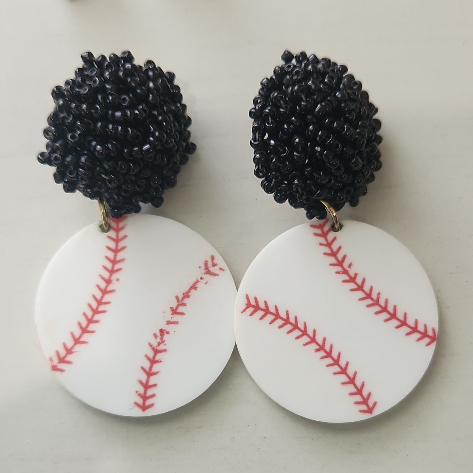 Handmade Baseball Clip-On Dangle Earrings Black Beaded Top Round Plastic