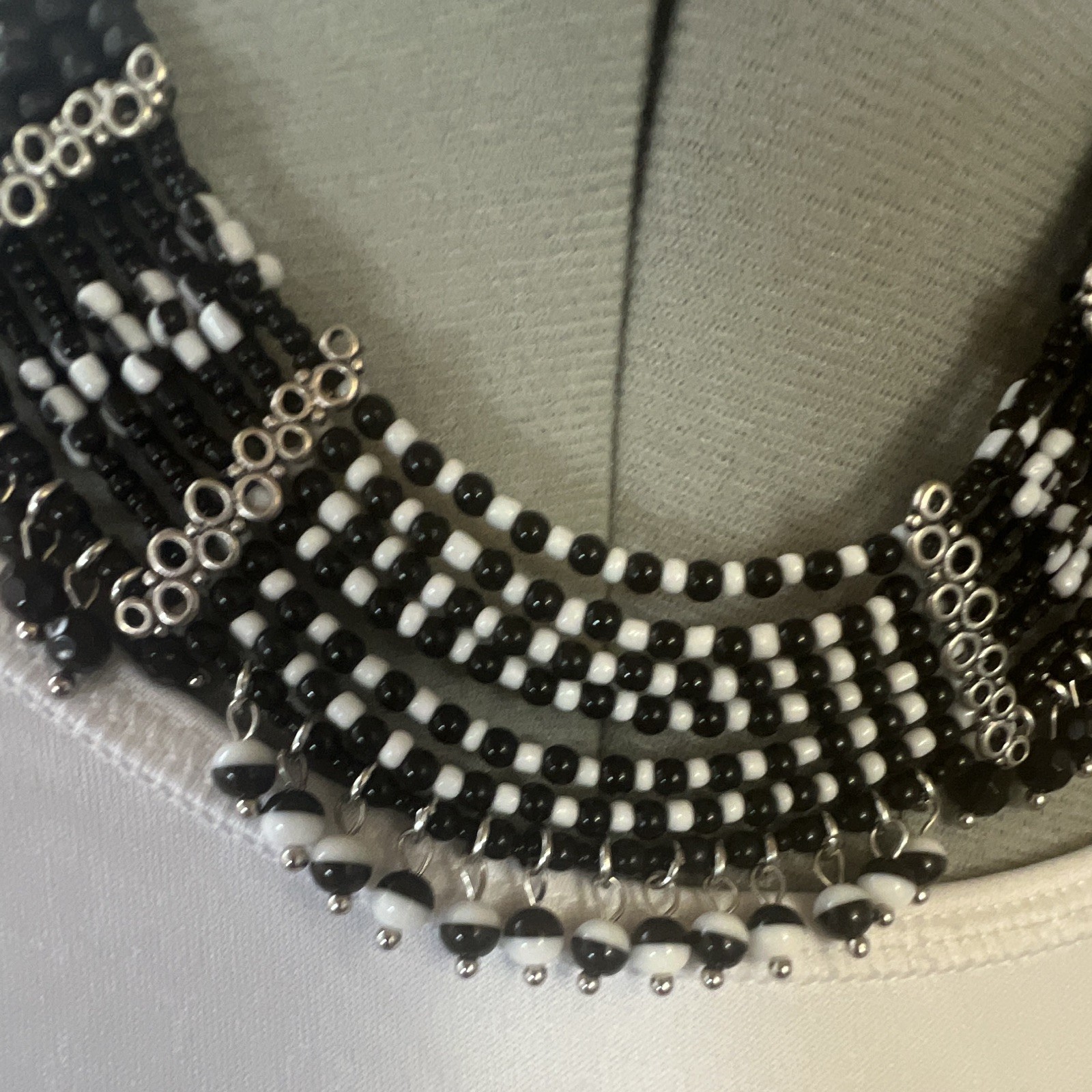 Black & White Beaded Statement Bib Necklace, Silver Tone Cable Chain, Adjustable