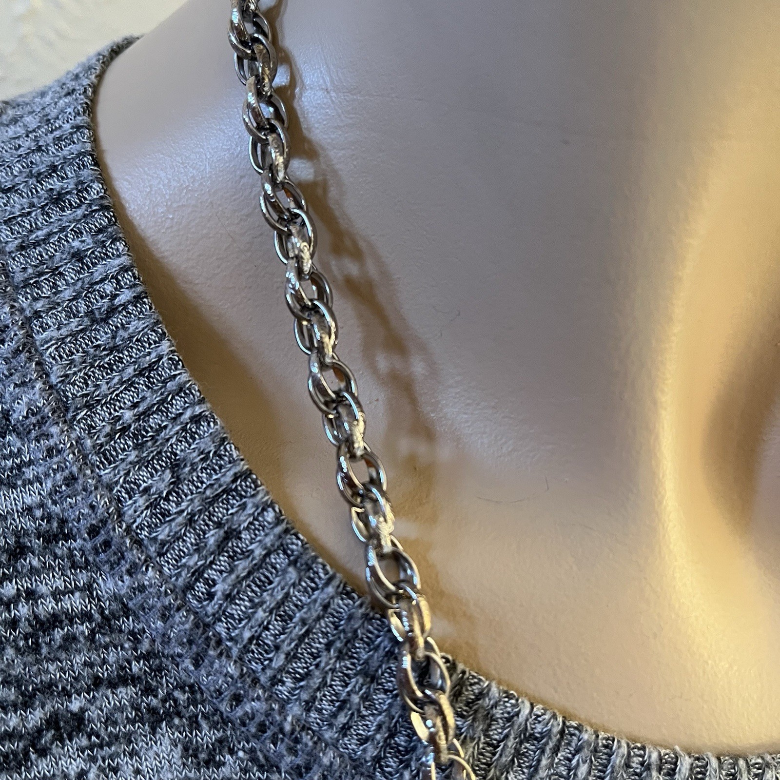 Silver Tone 24” Textured Double Rolo Oval Link Chain Necklace