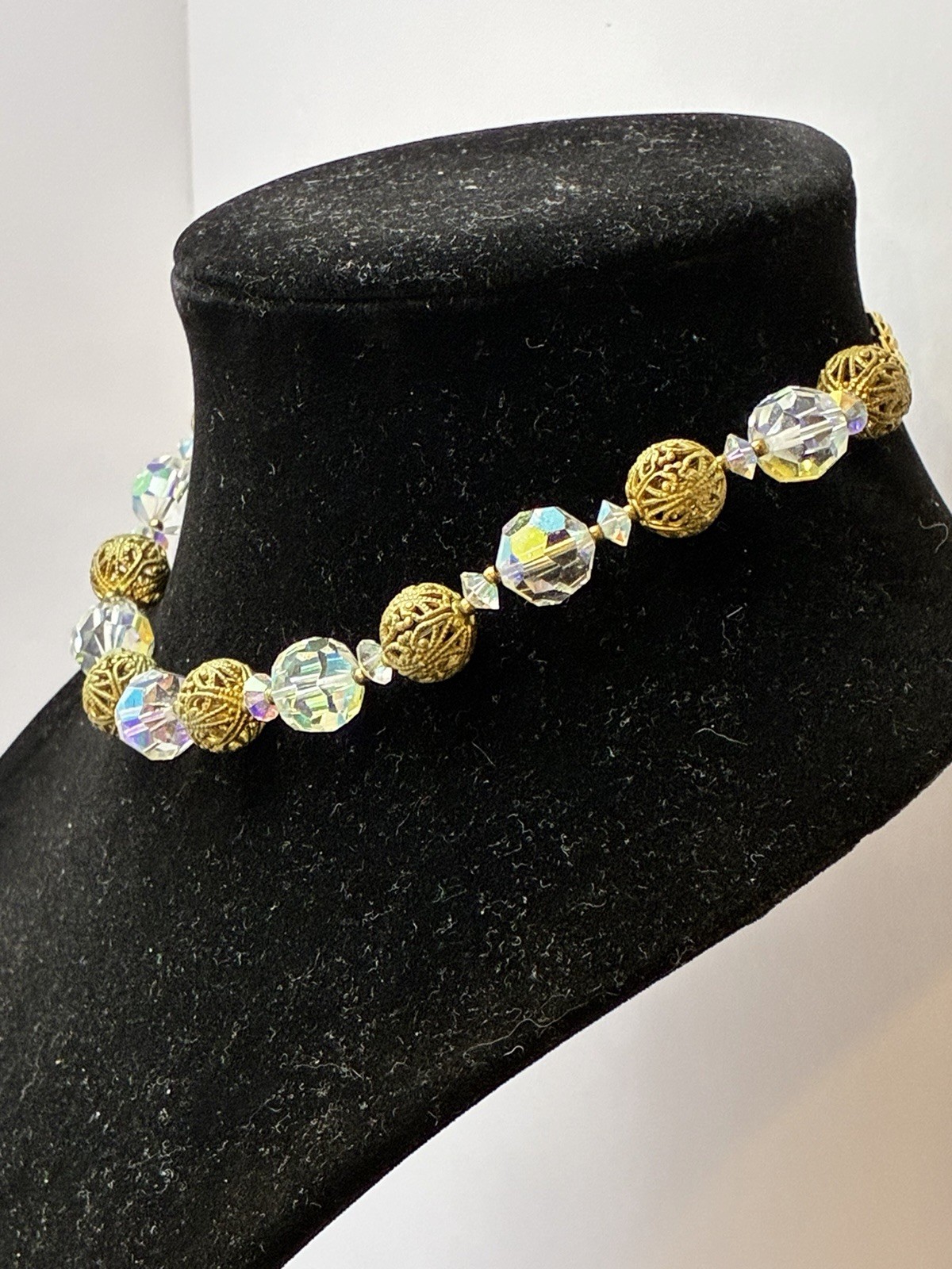 Vintage 16″ Aurora Borealis Crystal & Gold Filigree Choker & Bracelet Set