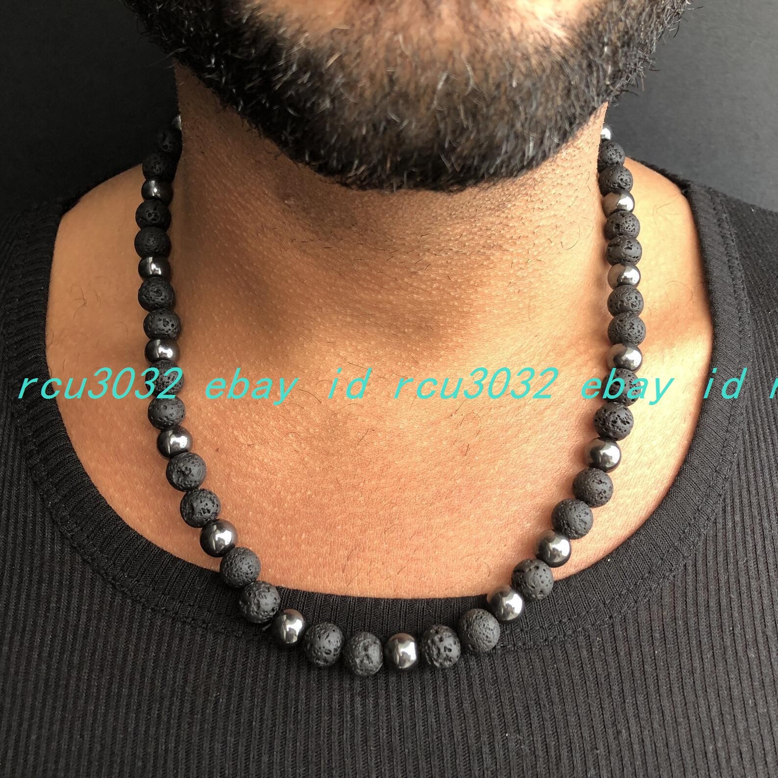 8mm Hematite Mens Beaded Necklace for Him Black Lava Stone Necklace 18-36In