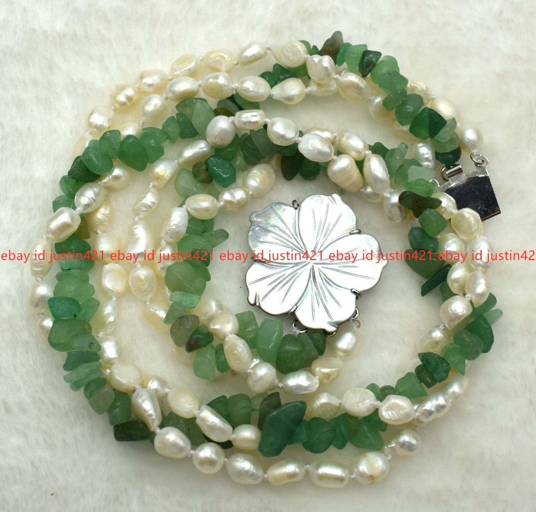 New Natural Three Rows 7-8mm White Baroque Green Gravel Necklace 18-24 Inches