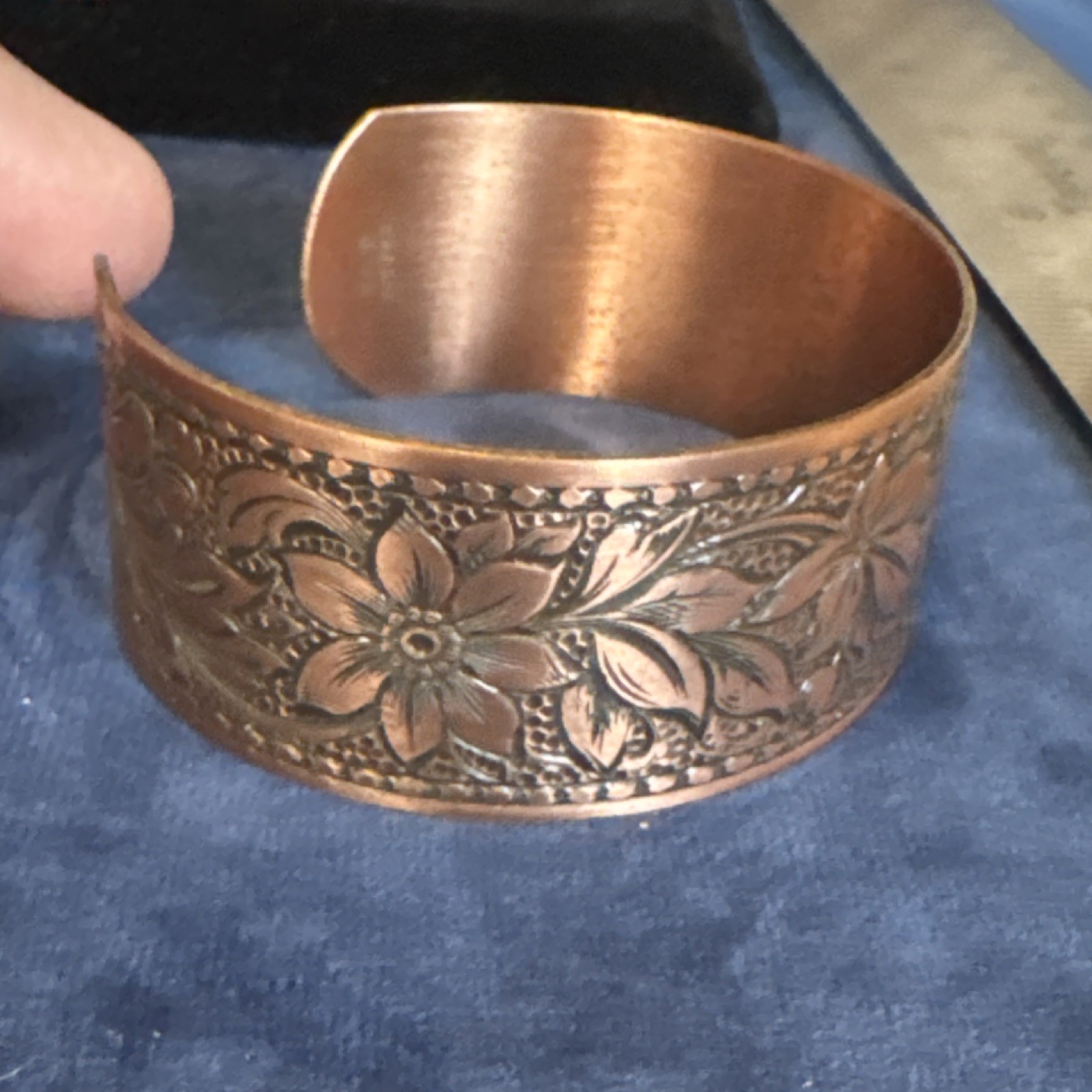 Copper Floral Engraved Cuff Bracelet Sizable Less Than 8in Flower Shape