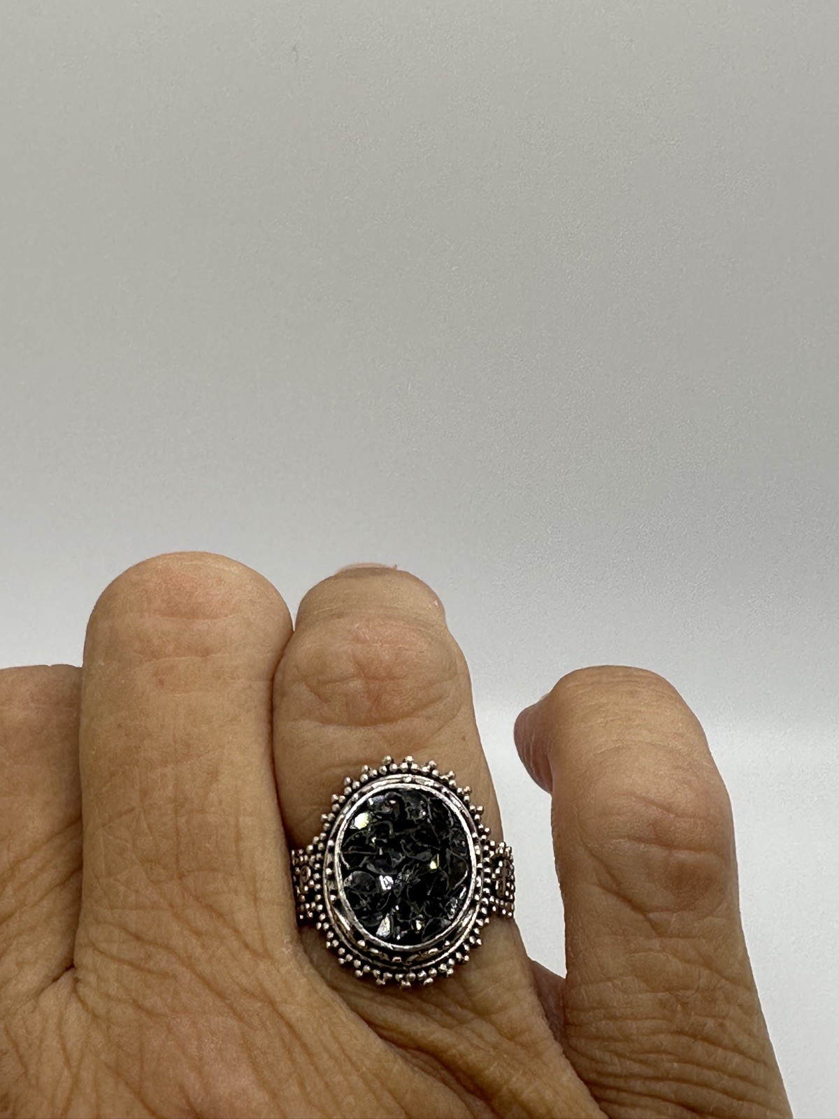 Samuel B – Crushed Black Diamonds Set In Bali Silver In A Size 7 Ring