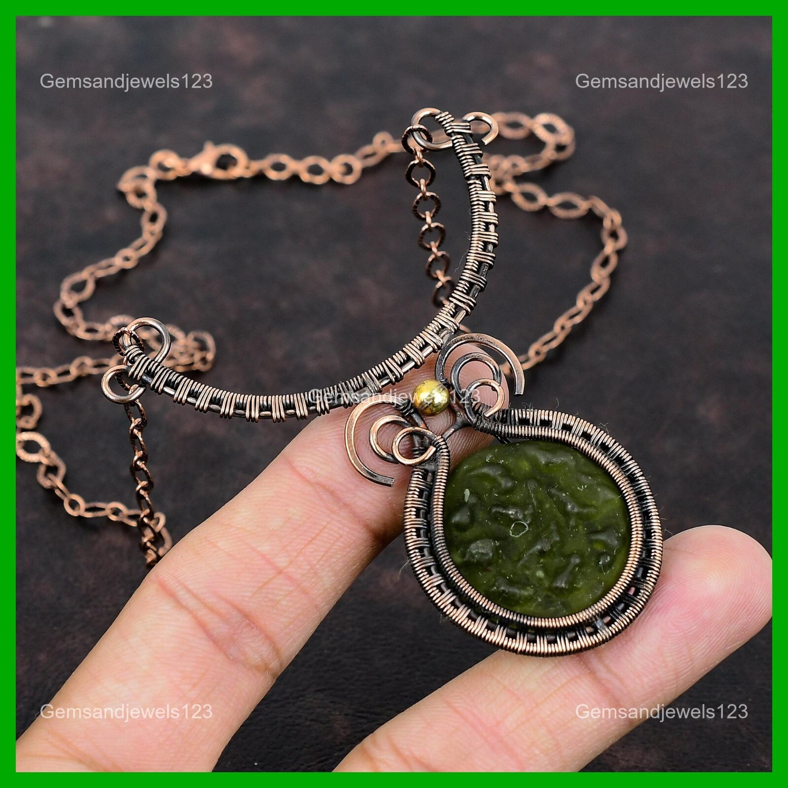 Copper Third Eye Chakra Moldavite Gemstone Sister Wire Wrapped Necklace Jewelry