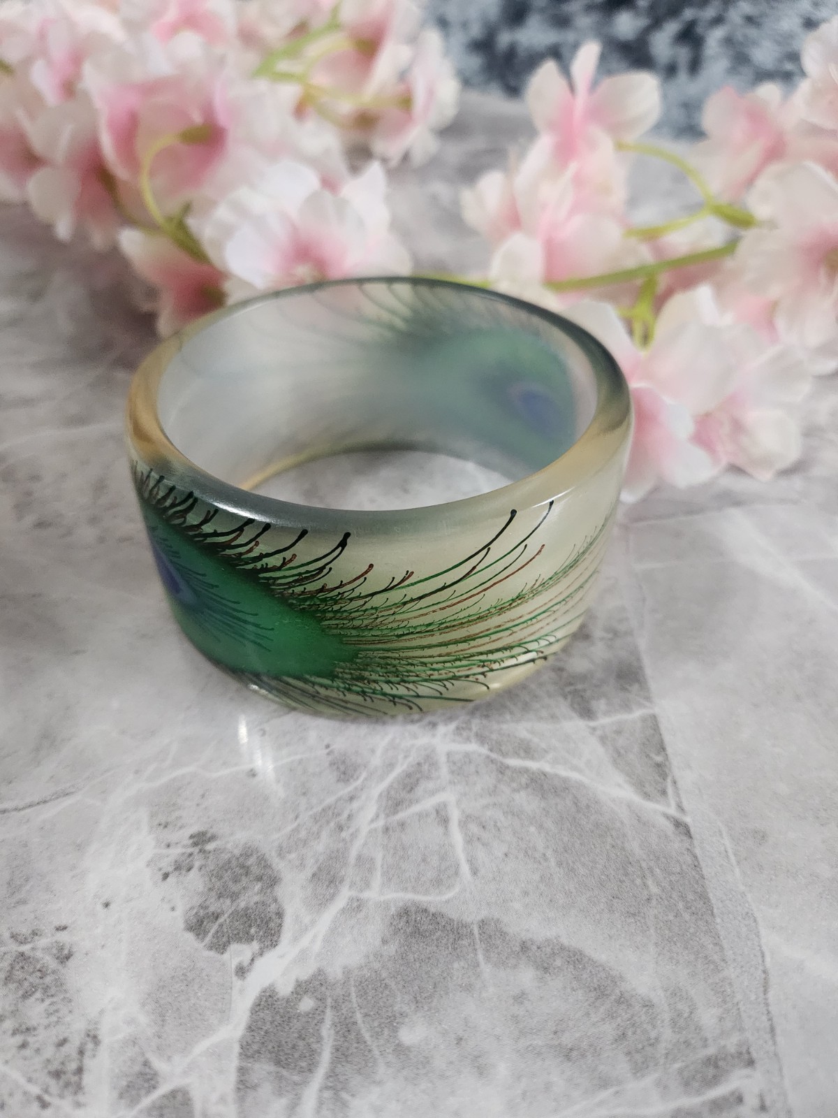 Peacock Feather Bangle Bracelet Resin Acrylic Green Statement Wide Monumi