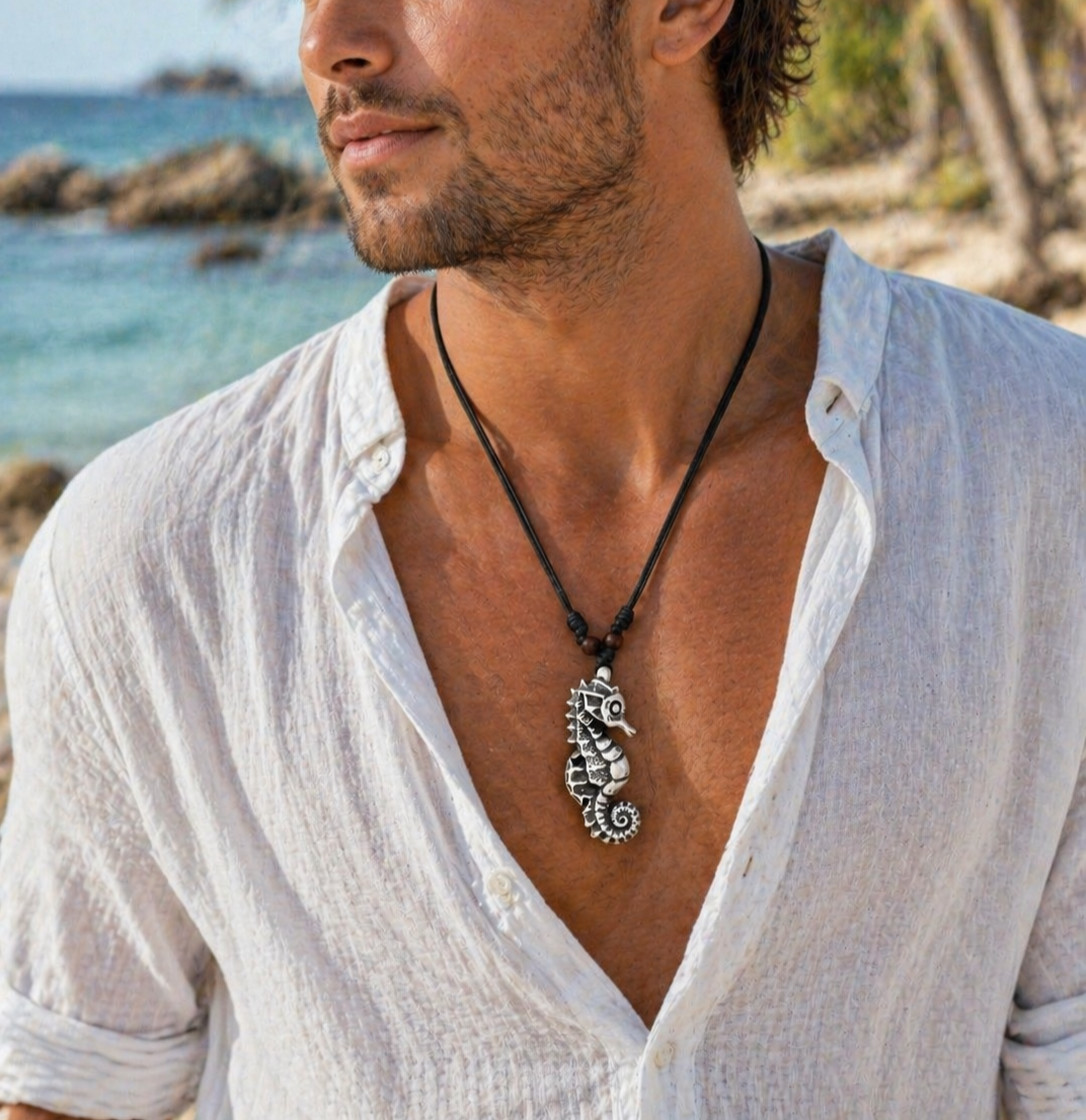 White Seahorse Necklace Adjustable 18-36 Unisex Sea Life Pendant Ocean Beach
