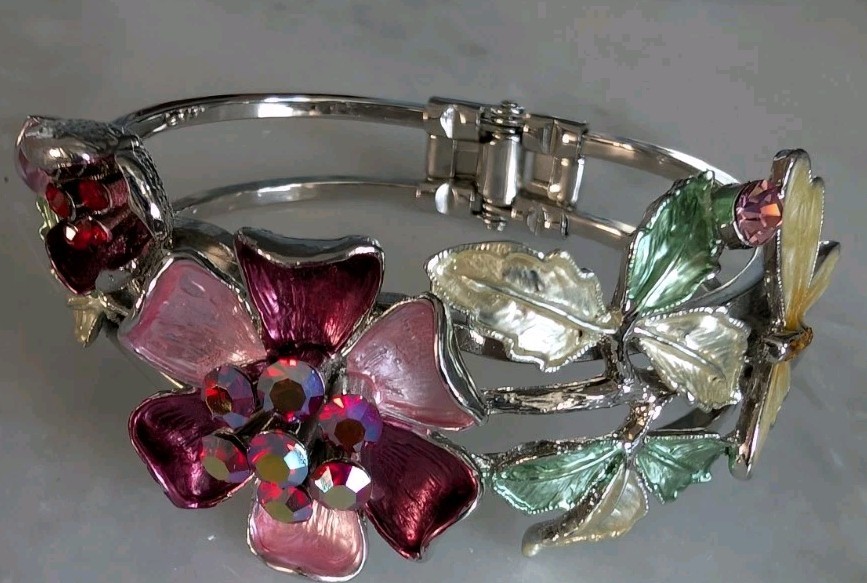 Gorgeous Spring Bling Flower Butterfly Bracelet Pink Red Yellow Enamelware Cuff