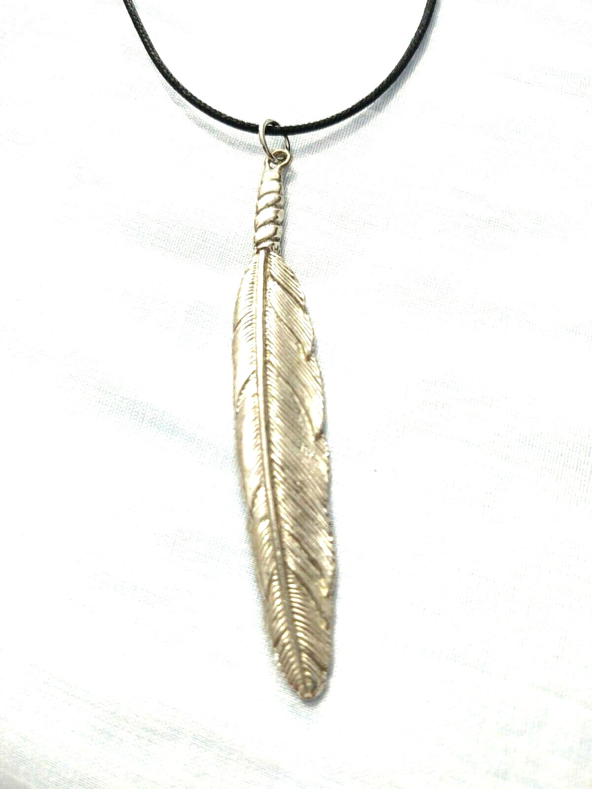 HUGE SINGLE FEATHER USA CAST SOLID 2 SIDED SILVER PEWTER PENDANT ADJ NECKLACE