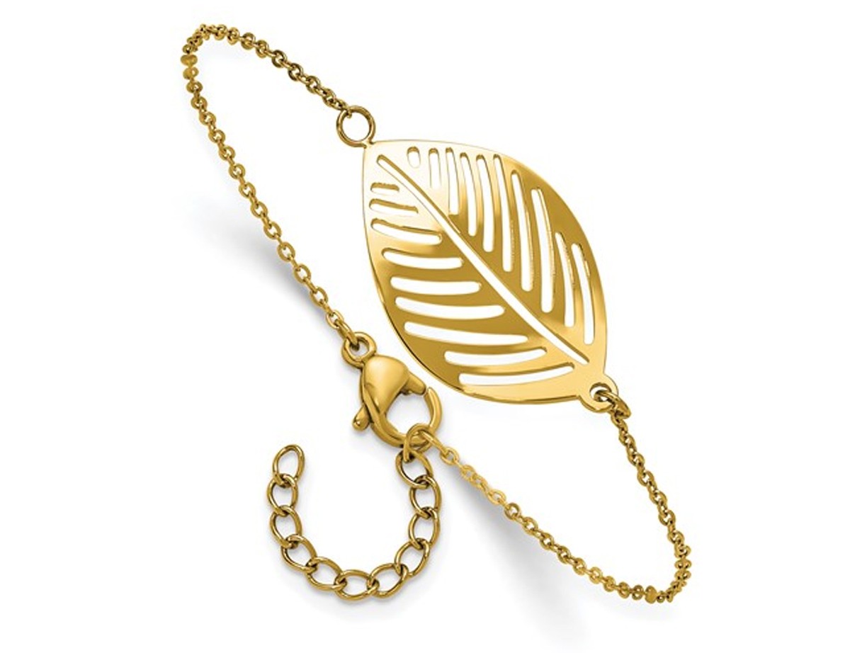 Yellow Plated Stainless Steel Leaf Chain Bracelet (7.25 Inches)