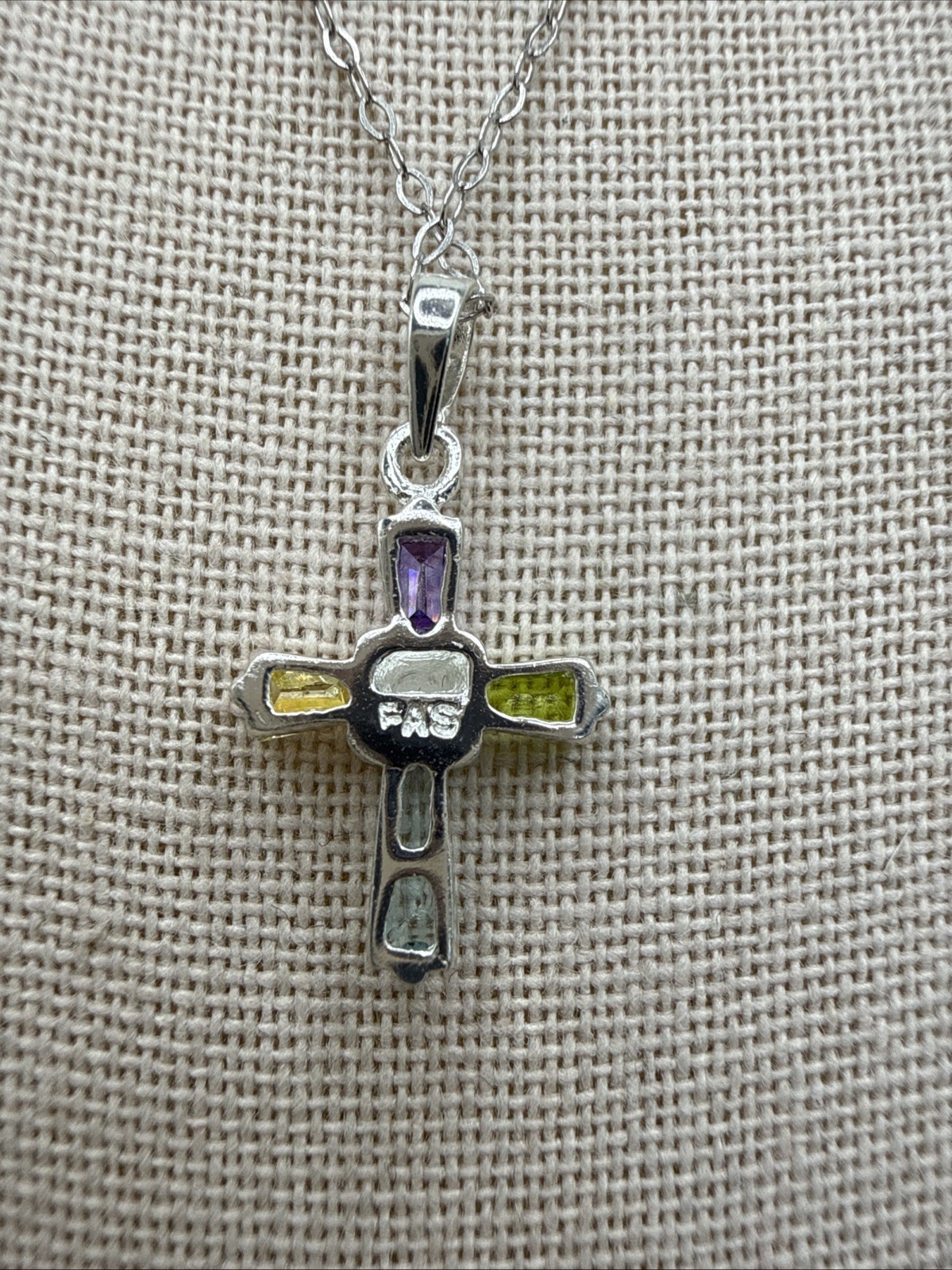 Multi Gemstone Sterling Silver Christian Cross Necklace Signed FAS
