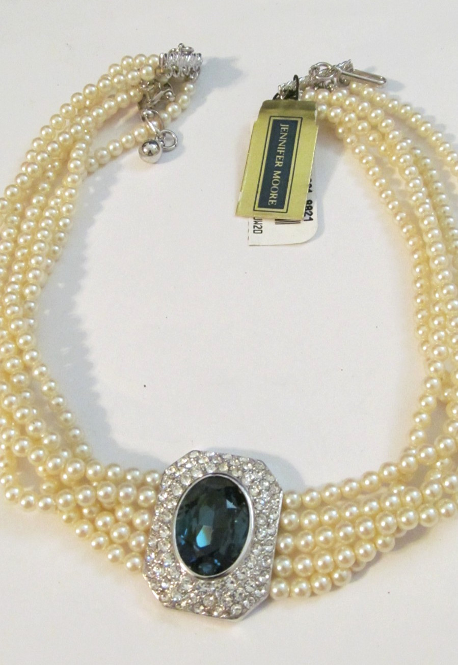 NWT STUNNING JENNIFER MOORE PEARL CRYSTAL BLUE 16″ CHOKER NECKLACE $60 RETAIL