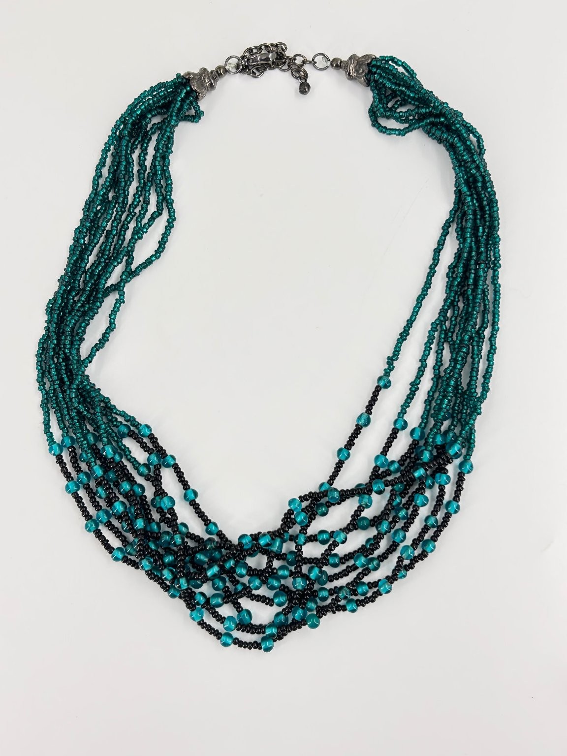 Multi-Strand Beaded Necklace 19-22 Inch Black Turquoise Glass Beads