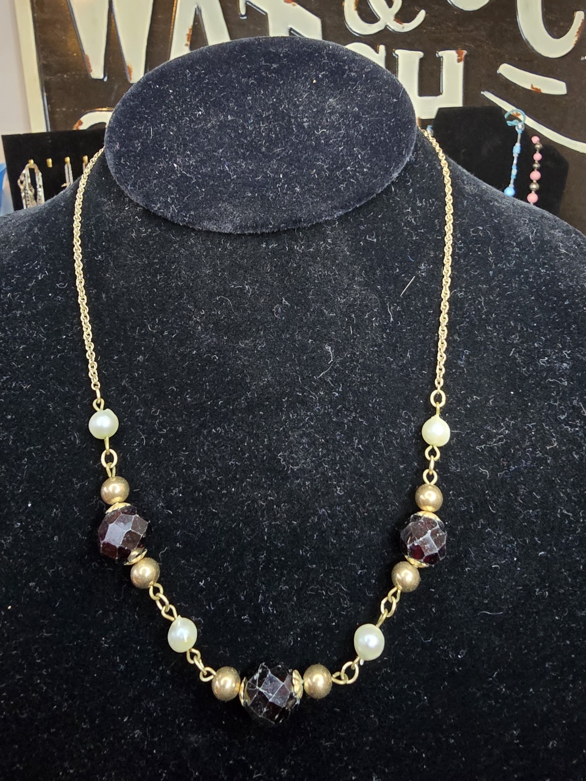 12-20 Gold Filled Dainty Chain Freshwater Pearl & Oxblood Necklace 16in 11.5g tw