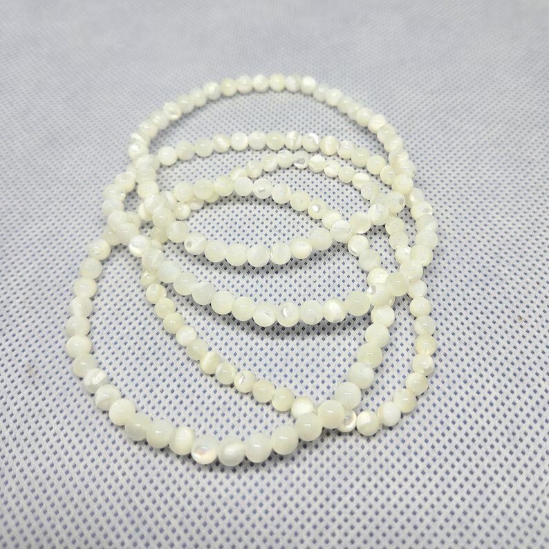 Handmade Mother of Pearl Elastic Stretch Bracelet – 4mm Round Gemstone Bead