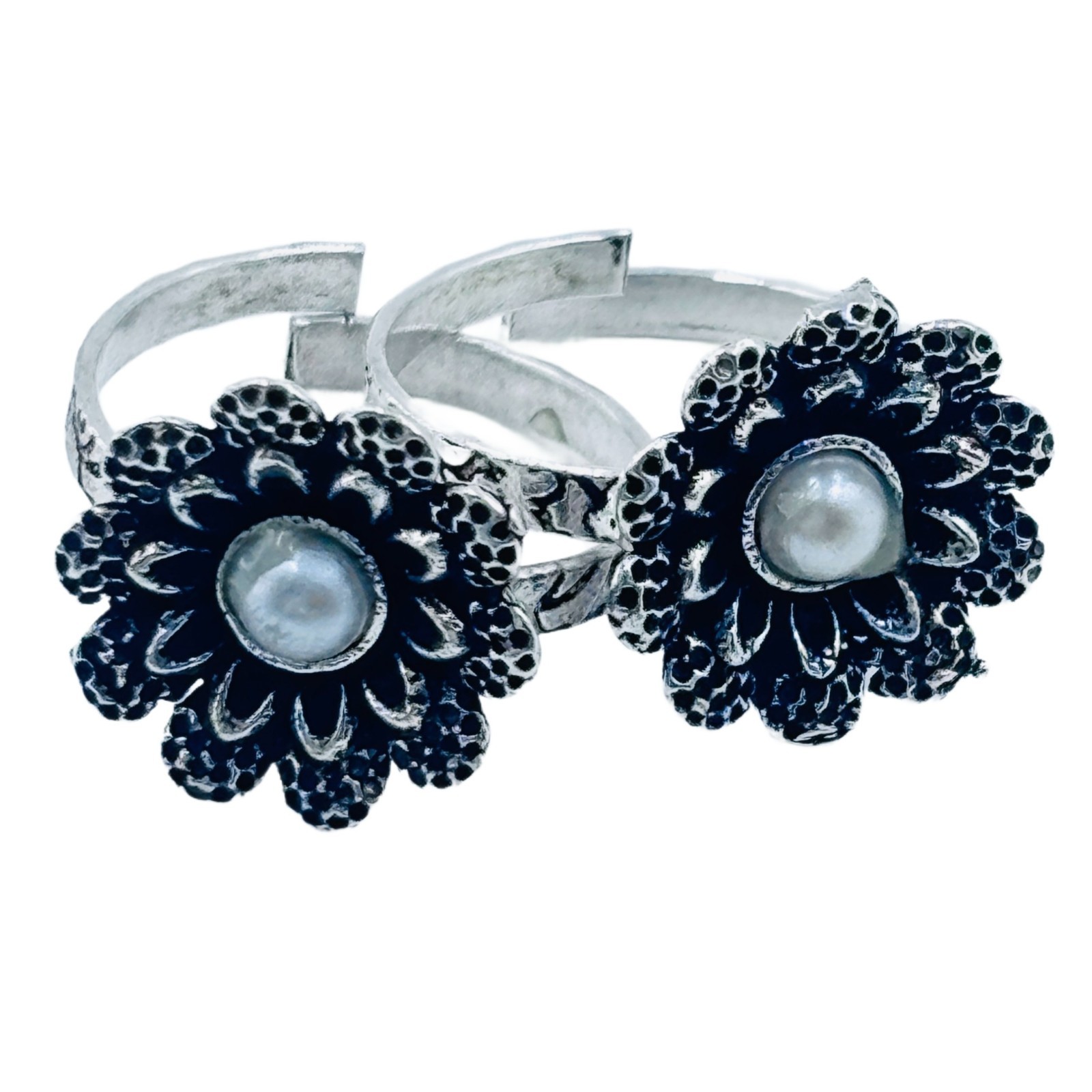 Silver Tone Floral Toe Rings Artificial Faux Pearl Adjustable Boho Vintage