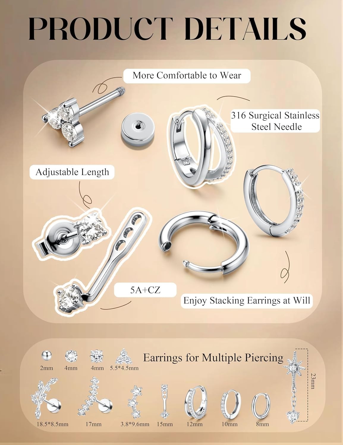16G Cartilage Earrings for Women Silver Flat Back Earrings Hypoallergenic Sur…