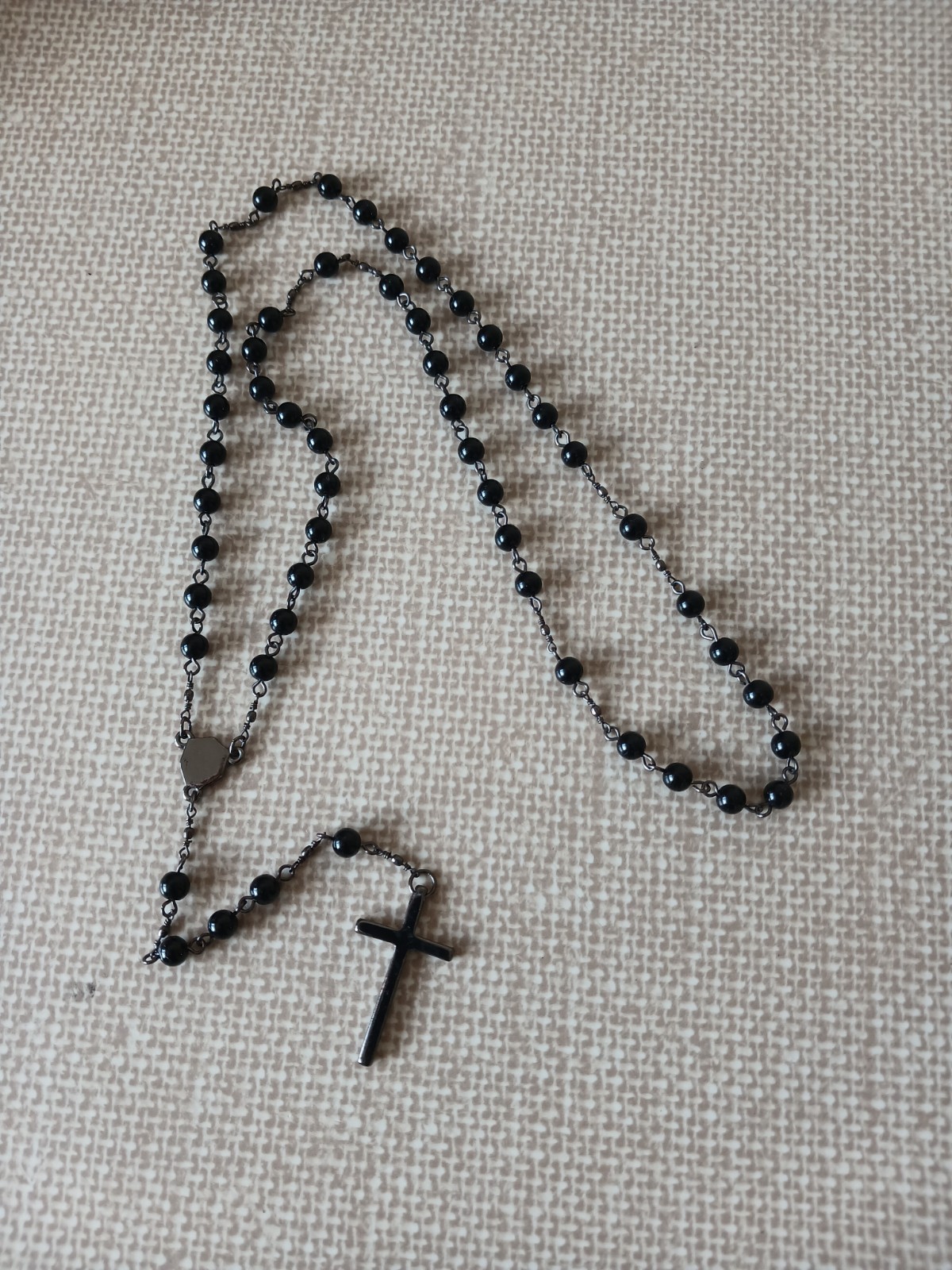 Black Beads and gunmetal Necklace Chain Cross Long 18 inches