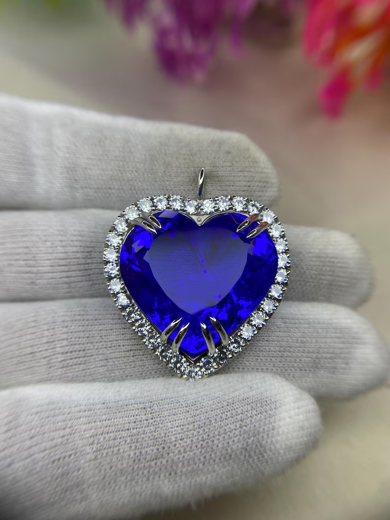 14K White Gold Plated Halo Heart Charm Pendant 3.12 Ct Heart Simulated Sapphire