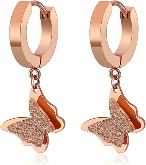 Dangle Hoop Earrings for Women Butterfly Rose Gold Post With Friction Earring 