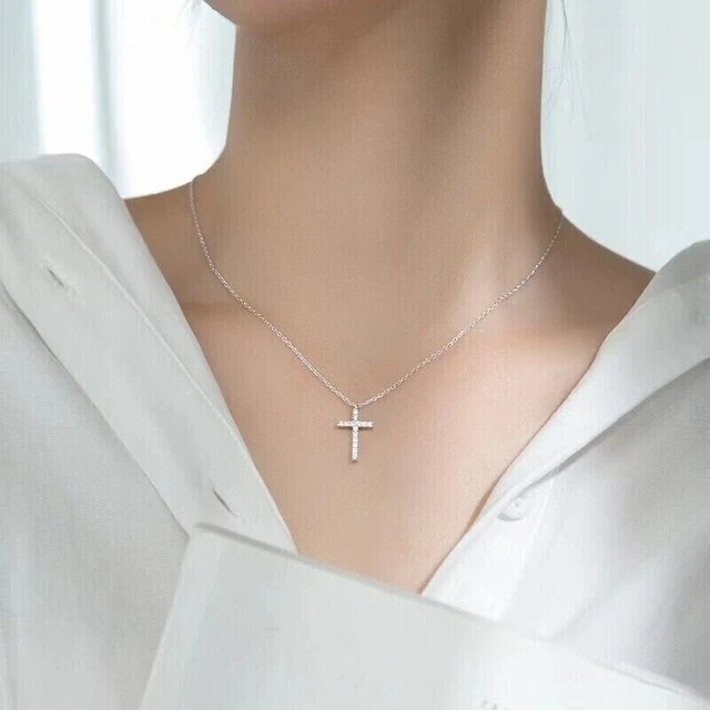 1.20 Ct Round Cut Simulated Diamond Cross Pendant Chain 14K White Gold Plated