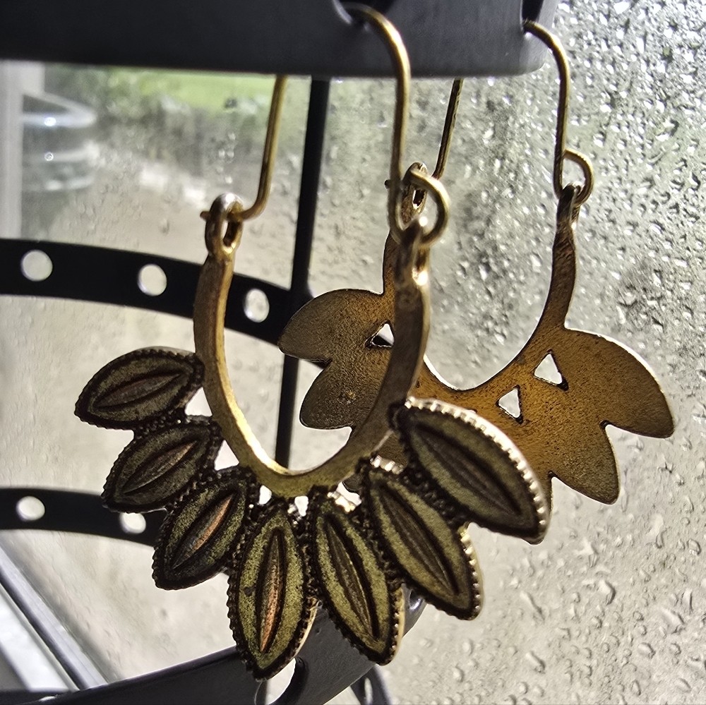 Botanical Leaf Hoop Earrings | Antique Gold Nature Earrings | Boho Garden