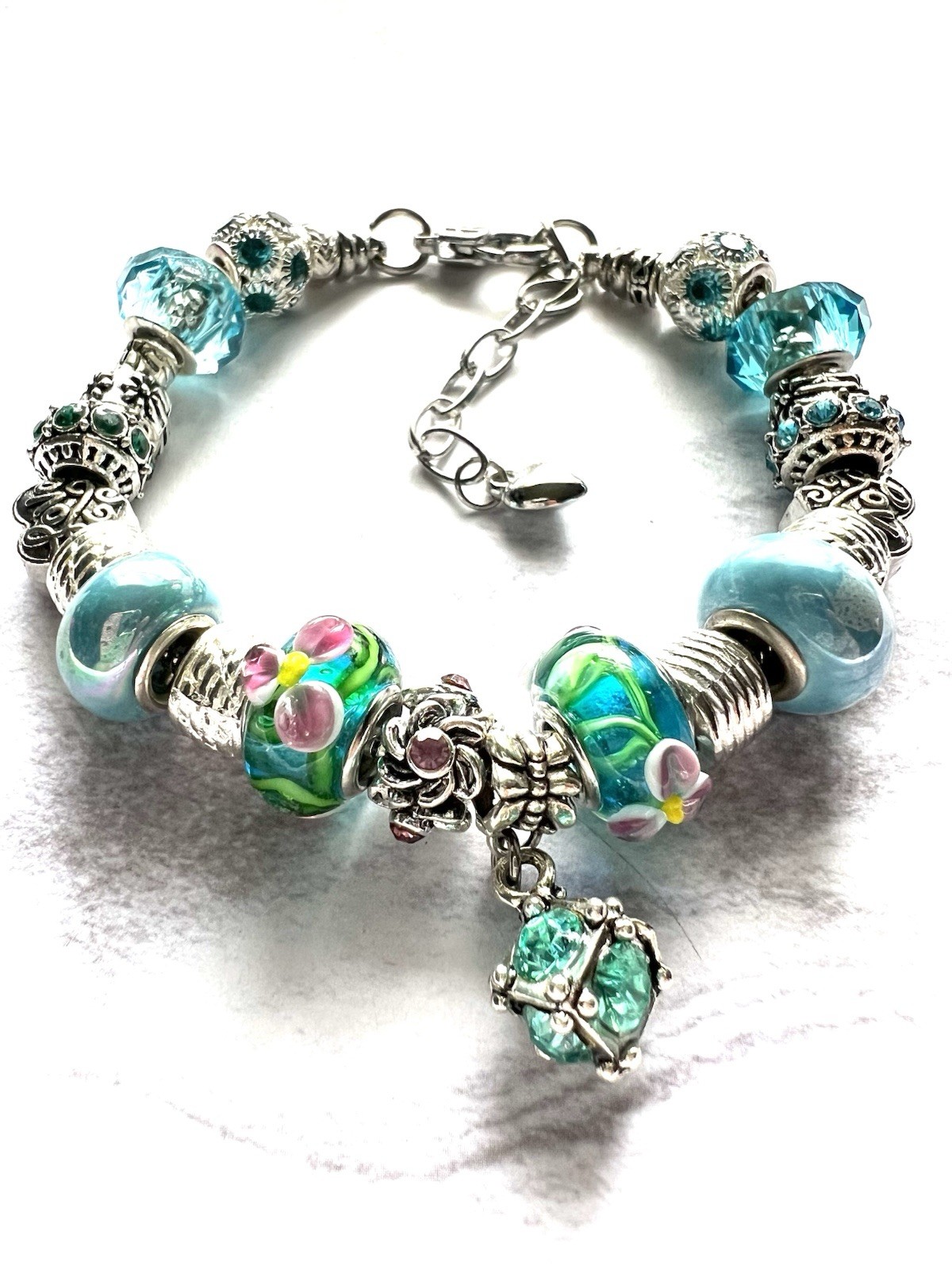Teal Floral European Style Charm Bracelet Fits Wrist Sizes 7.0-8.0″