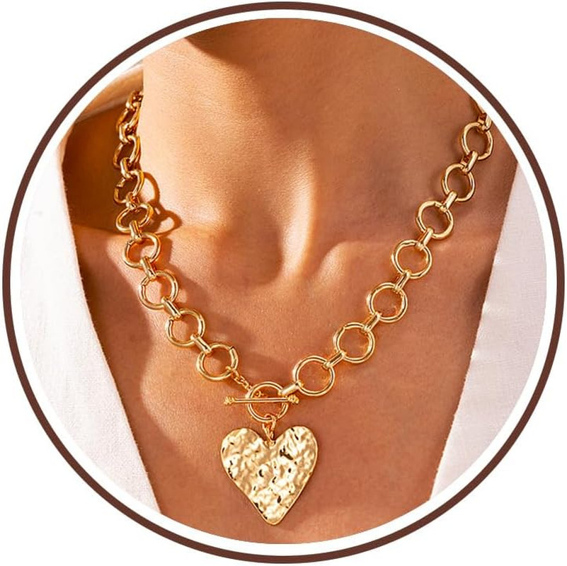 Chunky Gold Heart Necklace for Women，14K Gold Plated Chunky Heart Pendant Bold C