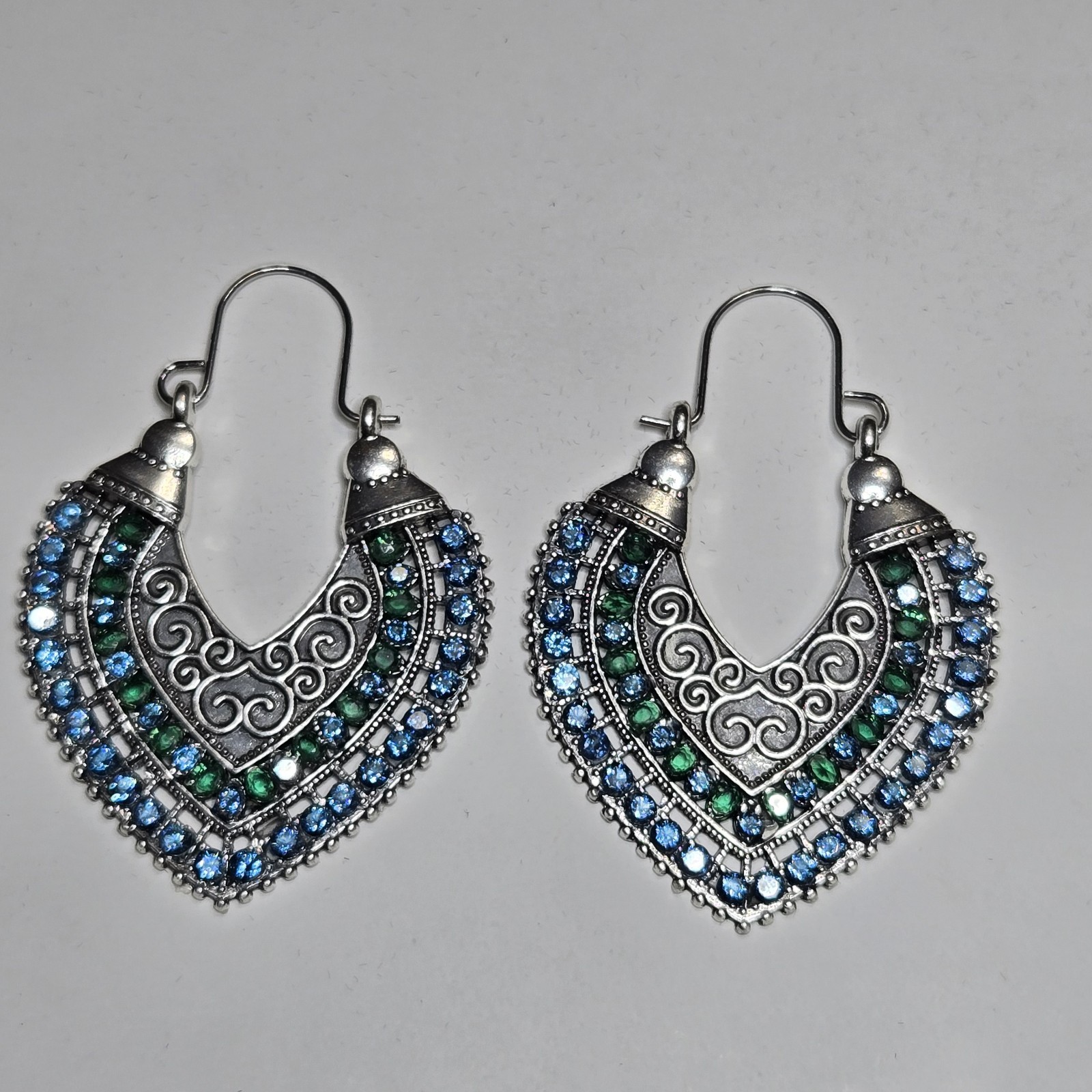 Silver Tone Crescent Scroll Dangle Hook Earrings Blue Green Round Cubic Zirconia