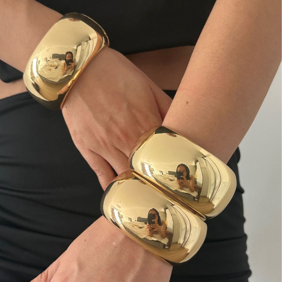 Gold Tone Wide Hinged Cuff Bracelet Chunky Dome Statement Bangle for Women