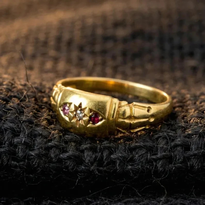 Victorian Starburst Pinky Ring CZ Diamond Ruby Gold Tone