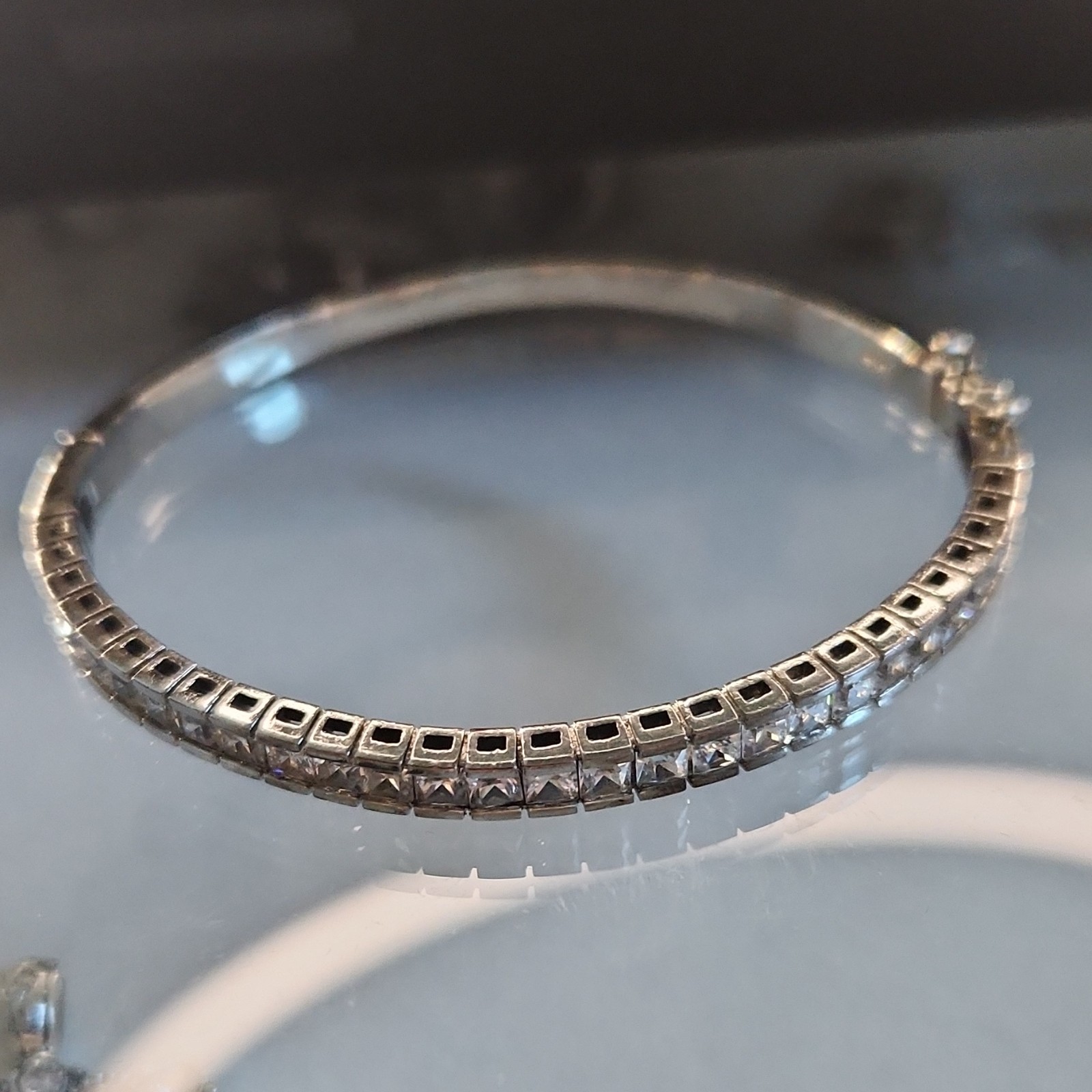 Silver 925 Tennis Bangle Bracelet Channel-Set Push Lock Closure Round