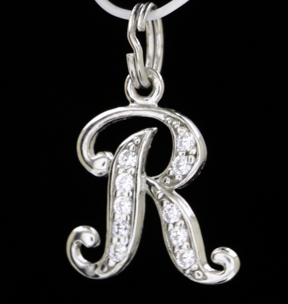 925 Ster. Silver Initial ” R ” Pendant + CZ 20 x 17 mm 1.3 gr #1484