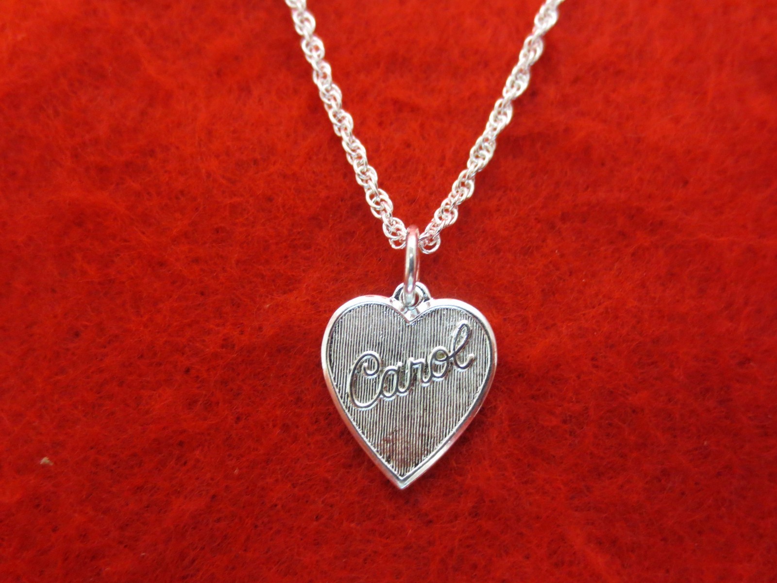 STERLING SILVER PLATED HEART SHAPED CAROL NAME CHARM & 7 ” TO 30″ ROPE CHAIN