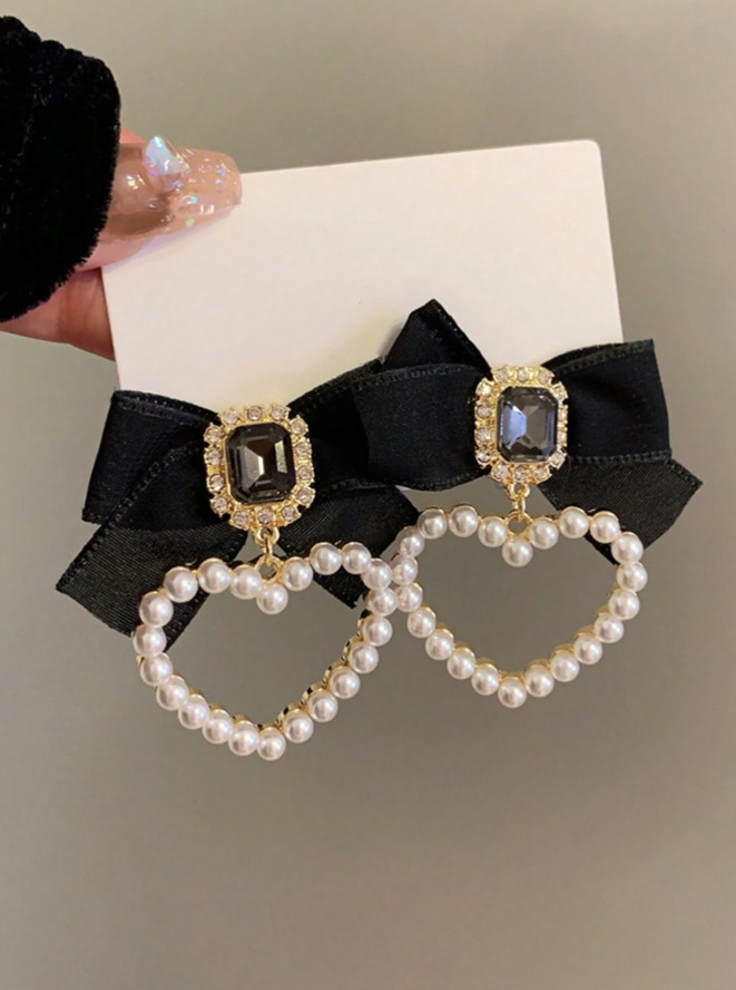 Pearl Heart Bow Earrings for Women Sweet Cute Mesh Stud Fashion Jewelry