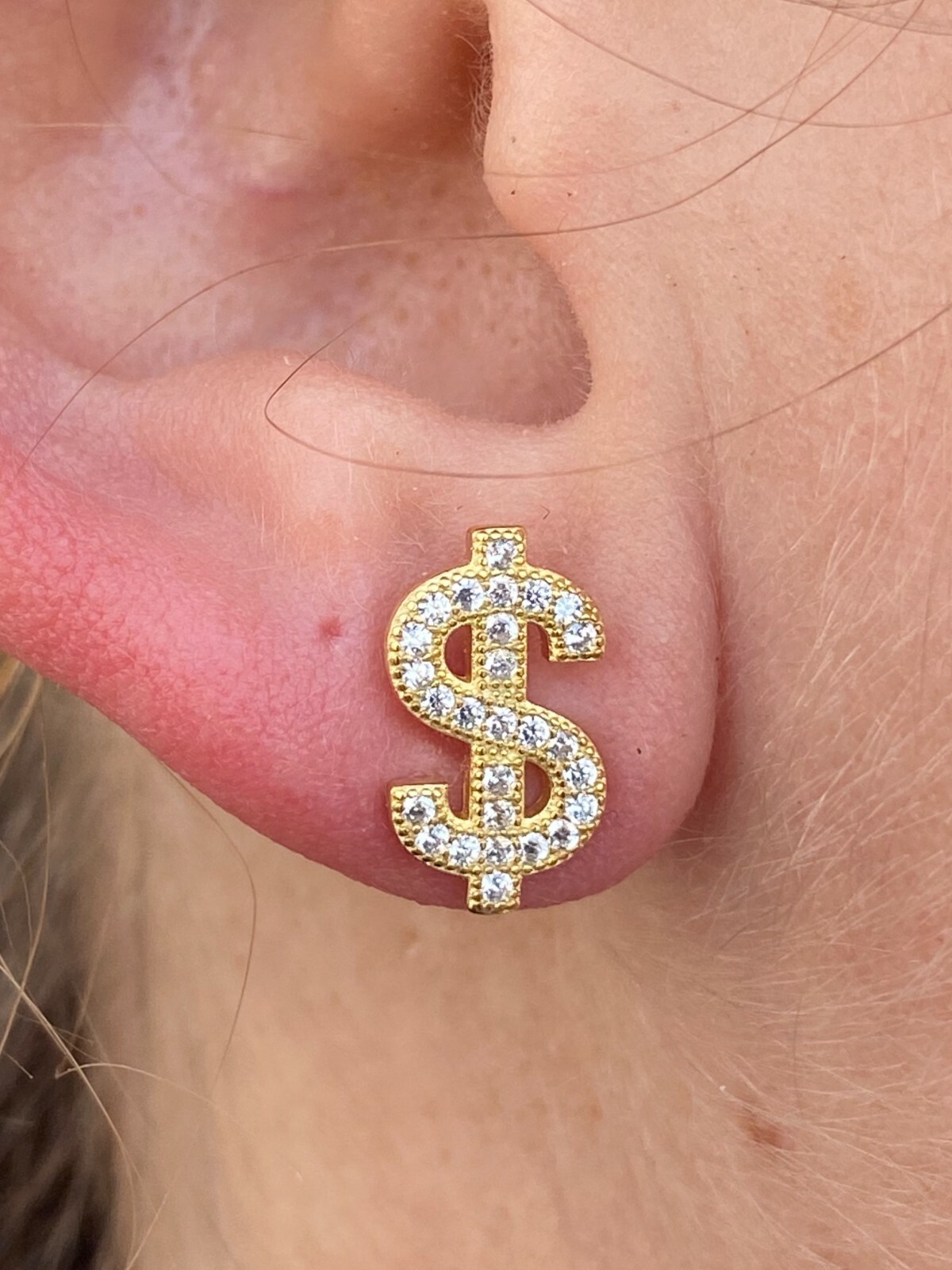 Real 925 Sterling Silver 14k Gold Men Ladies Dollar Sign $ Earrings Studs Iced