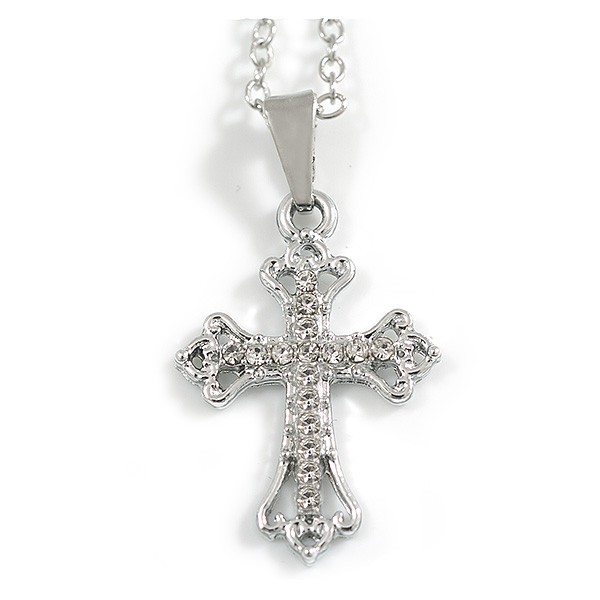 Small Crystal Cross Pendant with Silver Tone Chain/42cm Long/ 5cm Extender