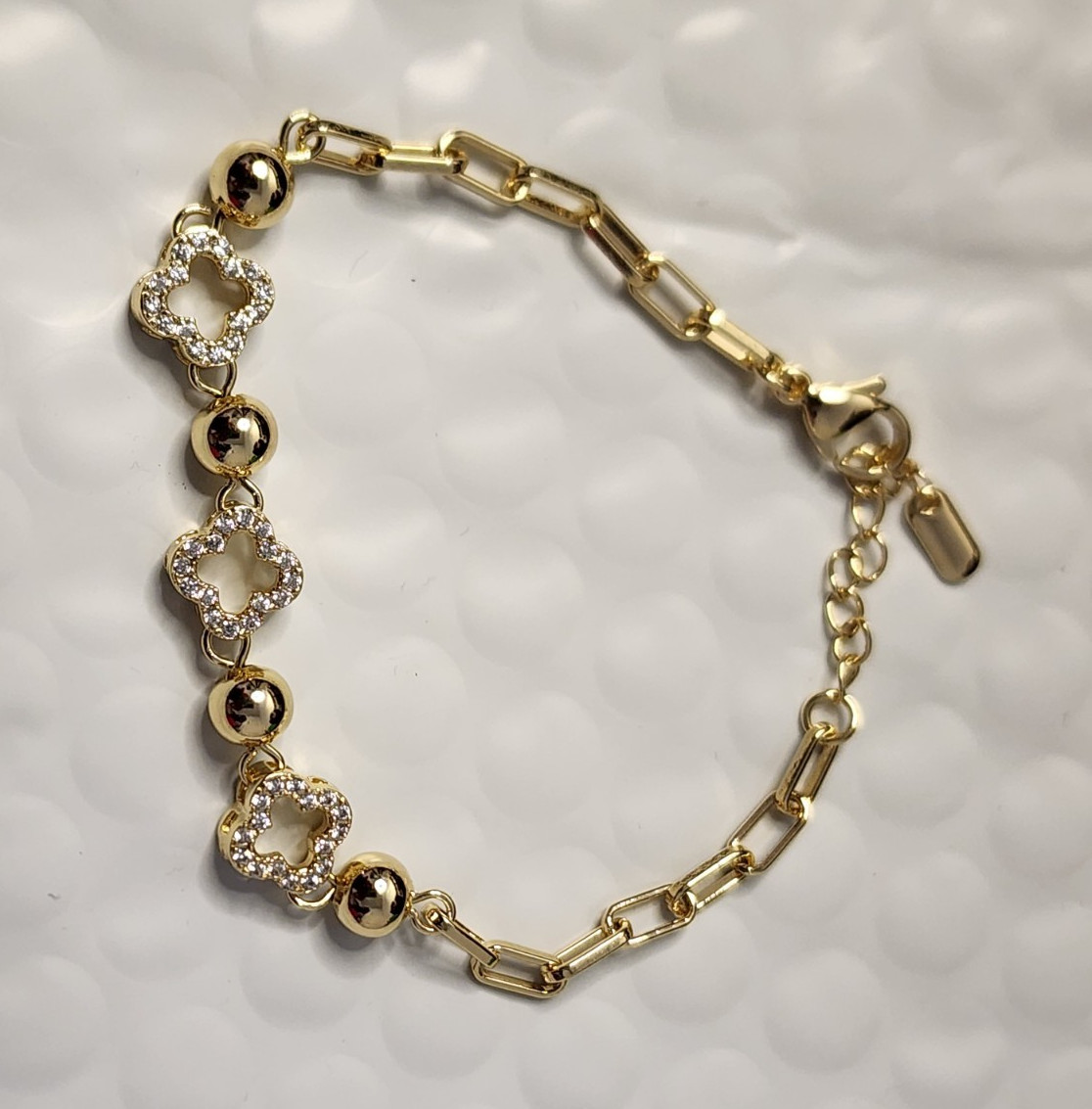 14k Gold Layered Adjustable Bar Link Clover Clear Crystal Dangle Bracelet 6-8in