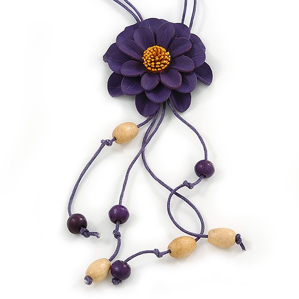 Deep Purple Leather Daisy Pendant with Long Cotton Cord – 80cm L – Adjustable