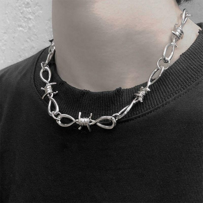 2Pcs/Set Punk Rock Emo Goth Silver Barbed Wire Bramble Chain Choker Necklace 20″