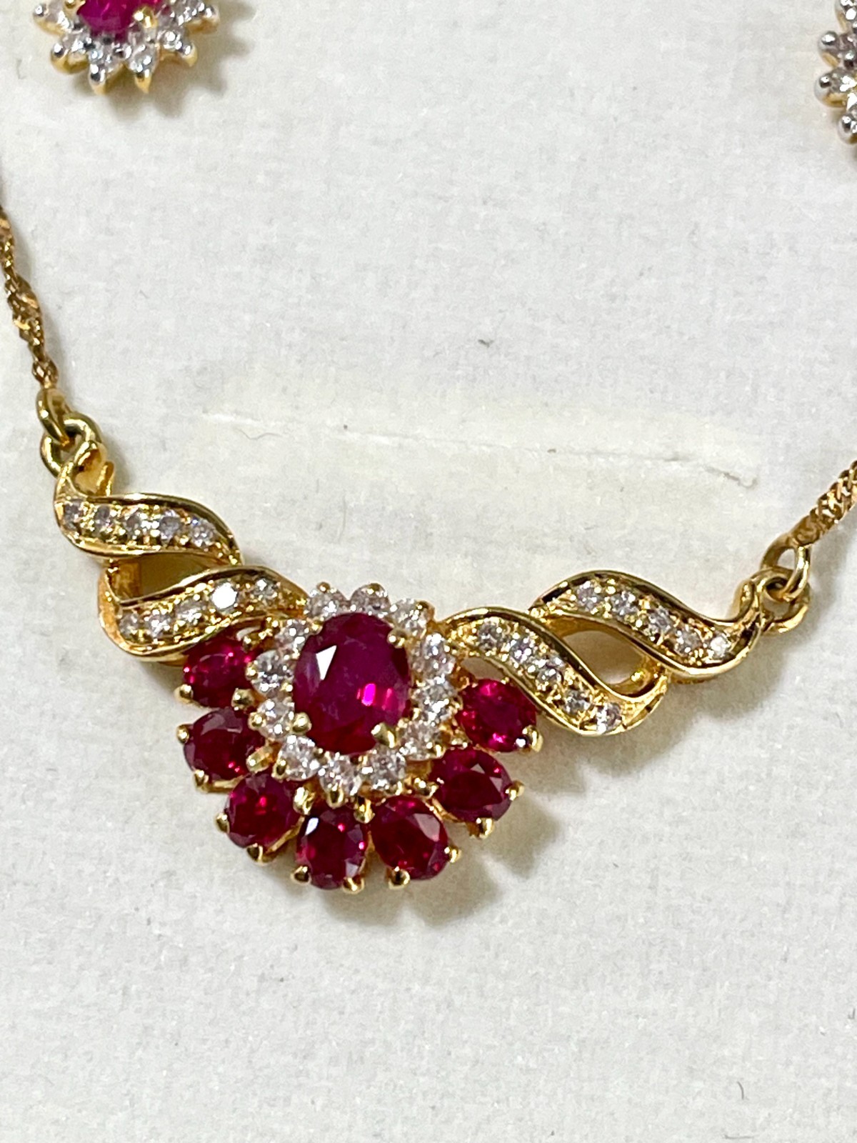 18KT Yellow Gold, Diamond, and Ruby Pendant and Earing Set