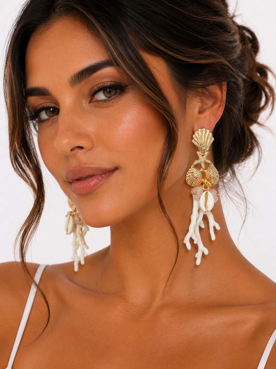 old Seashell Coral Cowrie Shell Dangle Earrings Coastal Beach Statement Jewelry