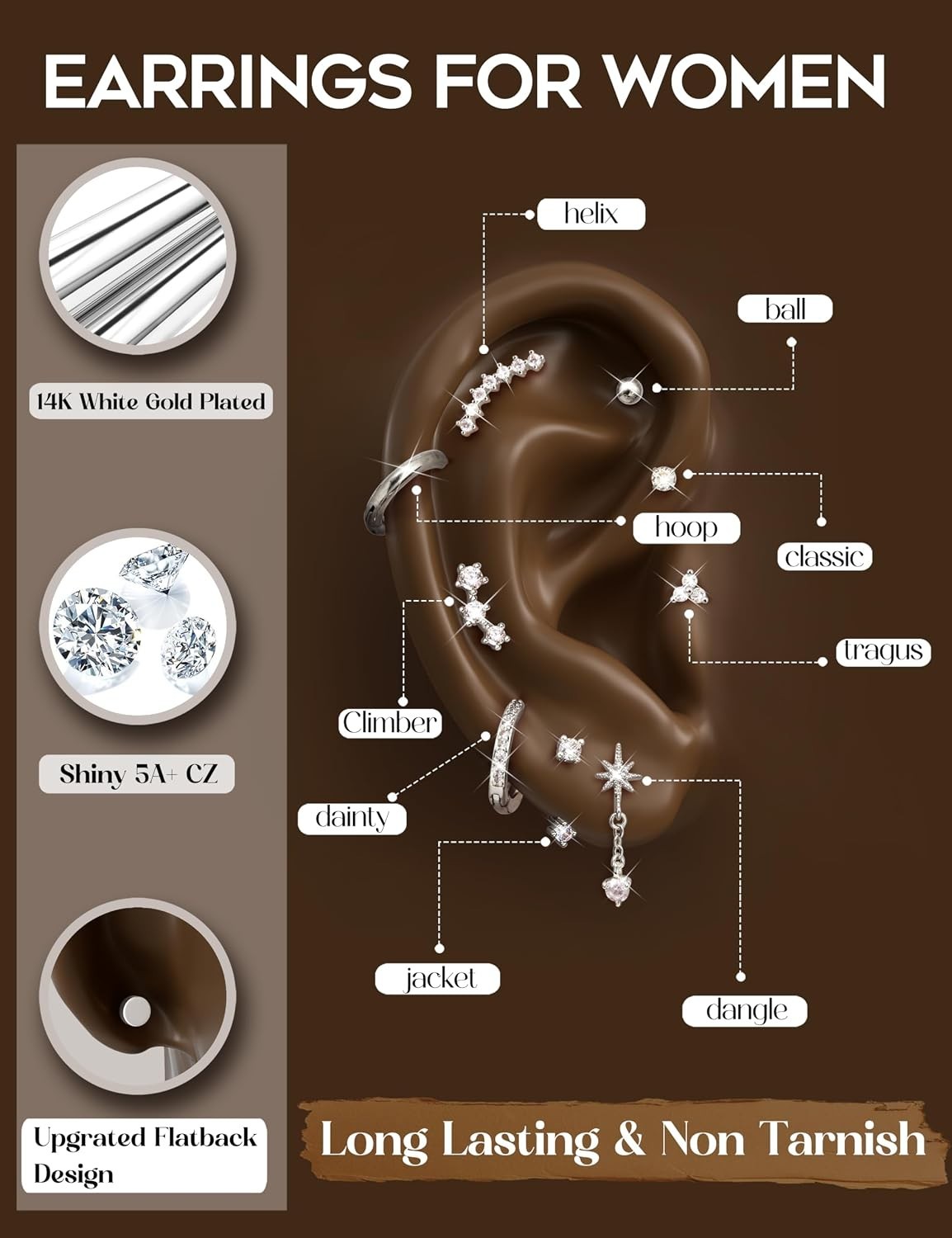 16G Cartilage Earrings for Women Silver Flat Back Earrings Hypoallergenic Sur…