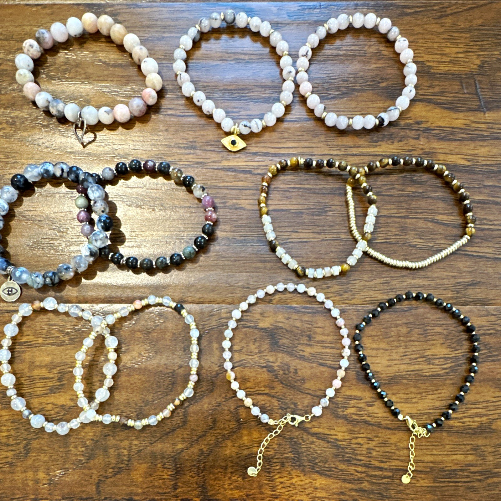 Lot of 10 Multicolor Beaded Stone Charm Bracelets Stackable Lobster Clasp
