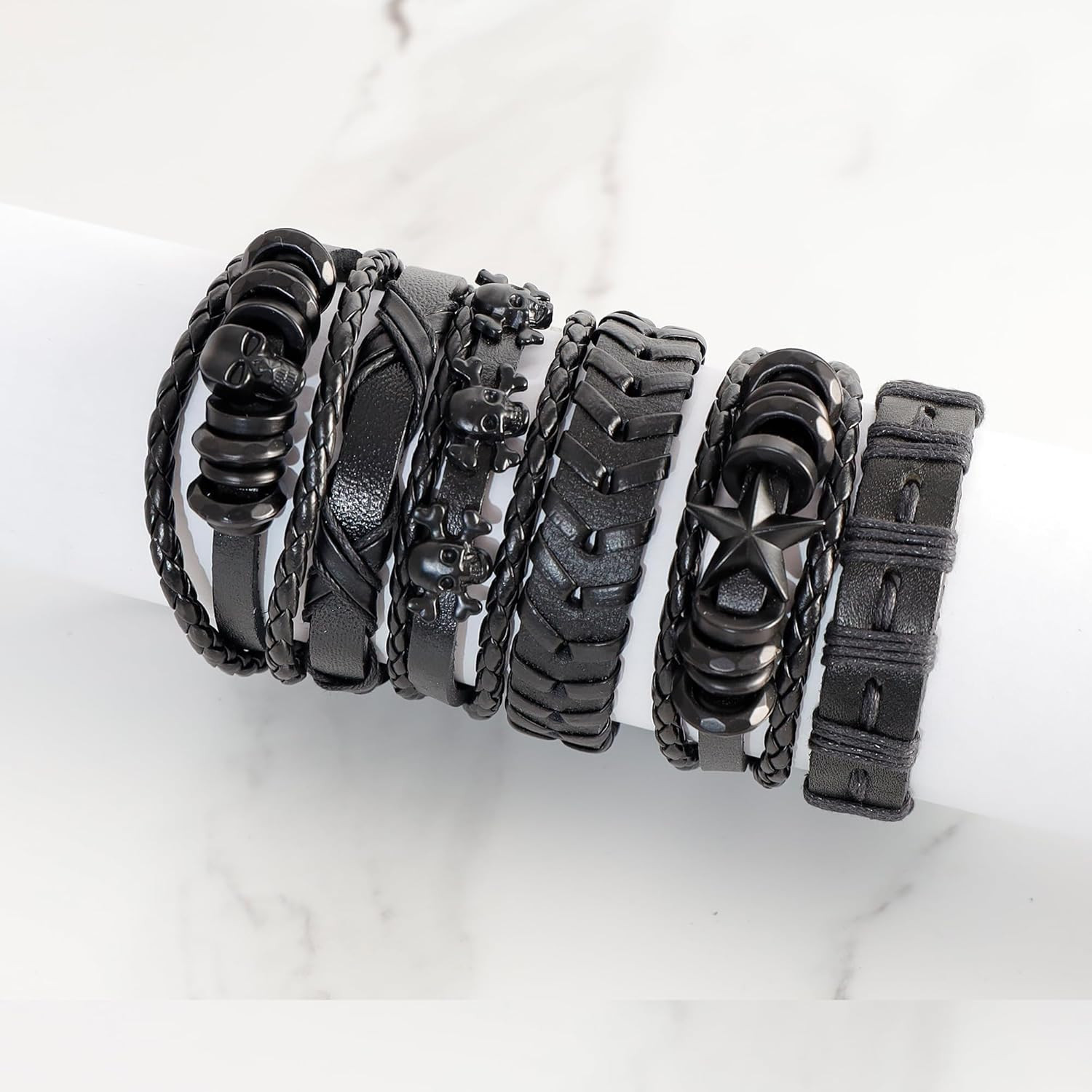 Black Gothic Punk Braided Leather Bracelet Set 6 Pcs Skull Adjustable Stackable