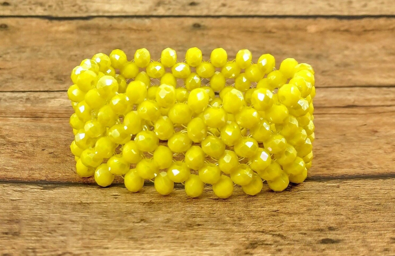 Yellow glass bead stretch bracelet with all glass beads 1 inch wide New